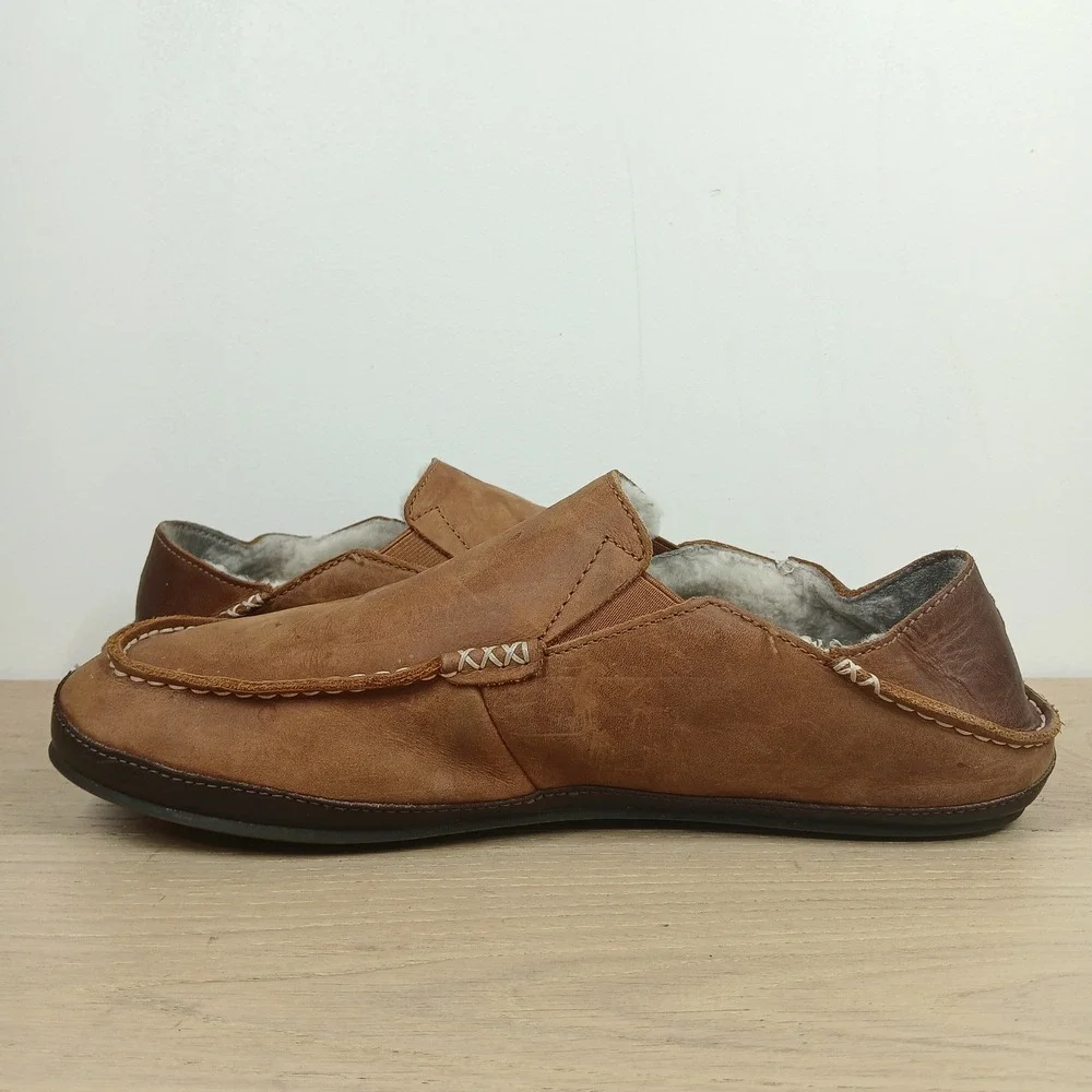 Olukai Moloa Slippers Men 12 Brown Leather Shearling Lined Moc Toe Comfort